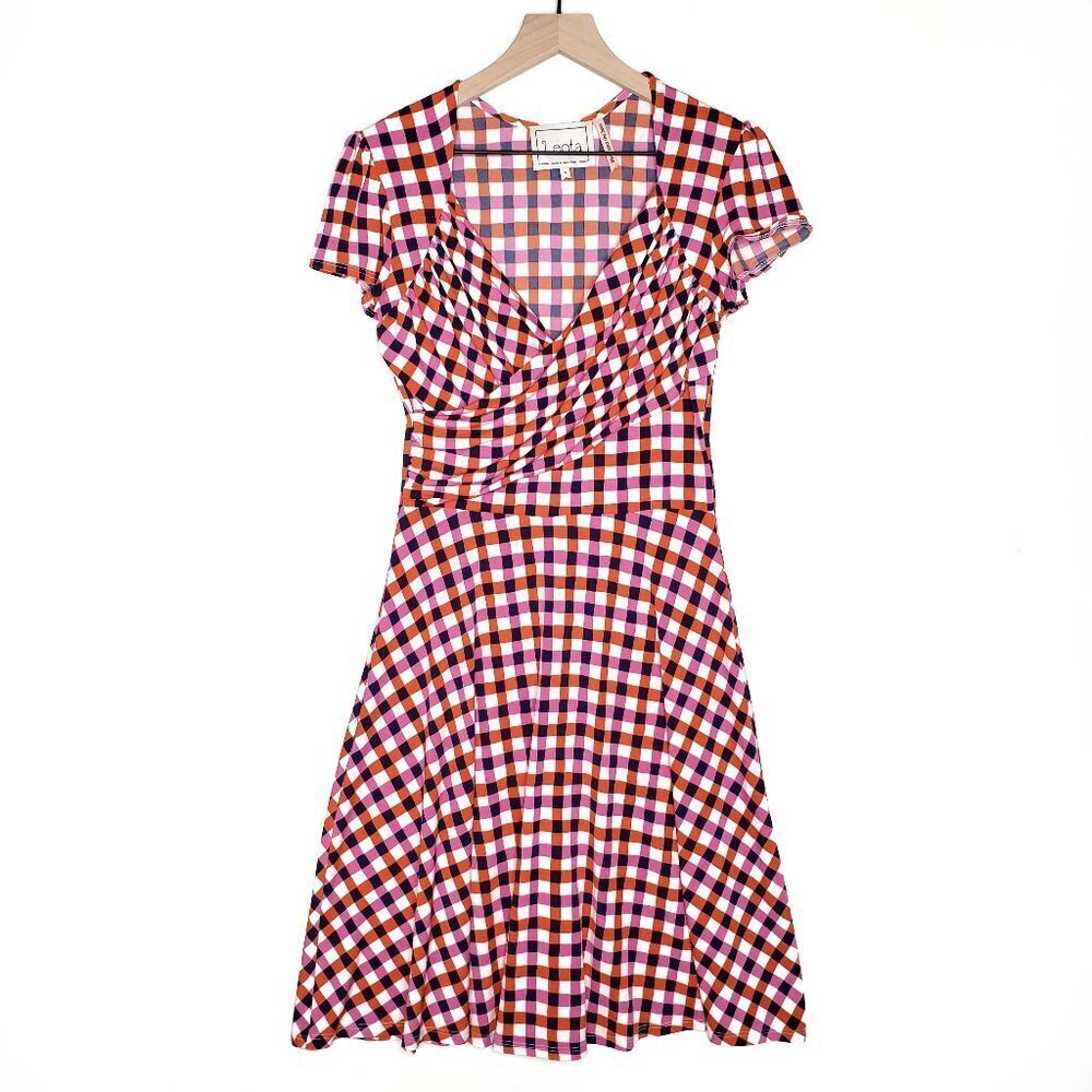 Leota Check Wrap Front Dress Pink Orange Blue